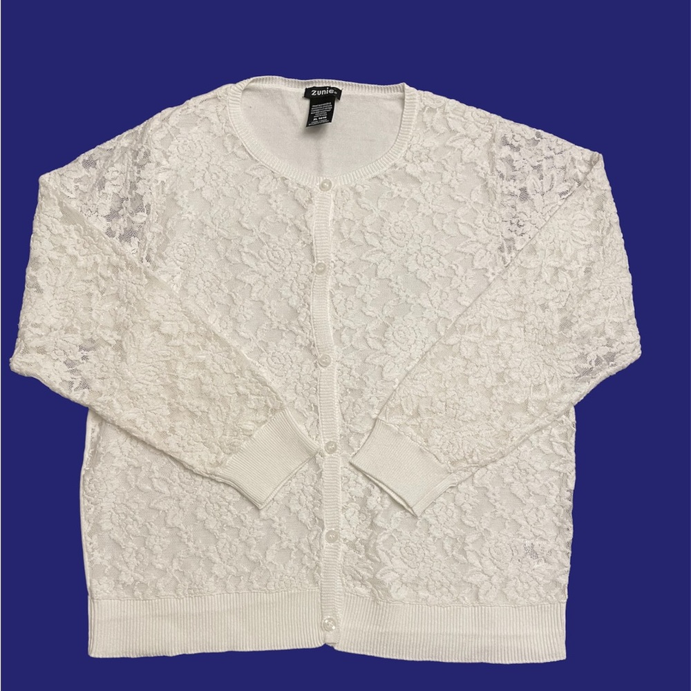 Girls White Button Down Cardigan with Lace Overlay. Size 14/16